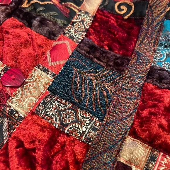 BOHO patchwork Jacket- Velvet and tapestry patch jacket vintage P Xl plush coat - Picture 8 of 10